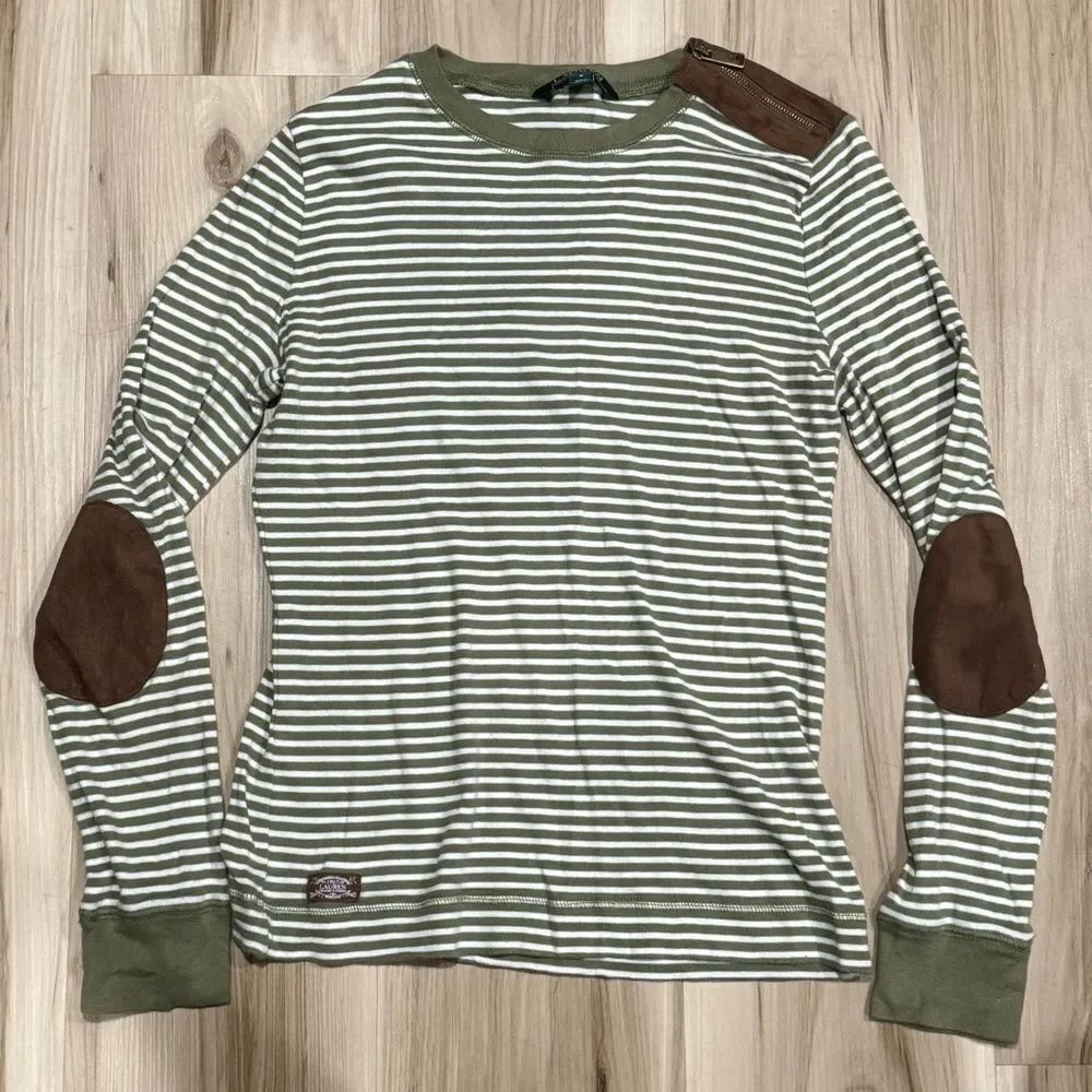 Lauren Ralph Lauren Faux Suede Elbow Patch Striped Long Sleeve Women’s Small